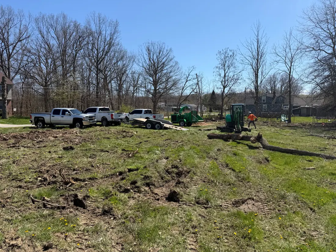 Cleared site with trucks and equipment