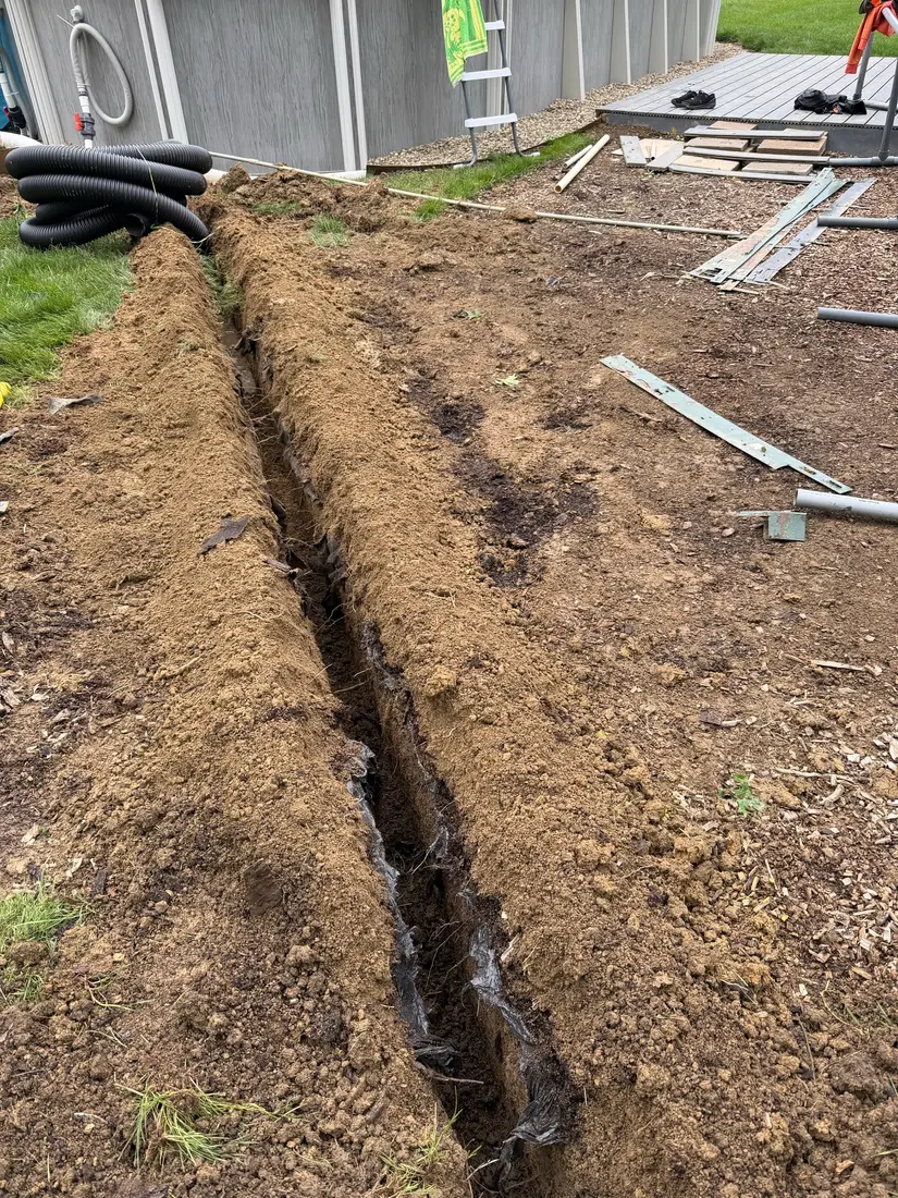 Trench dug for a French drain line
